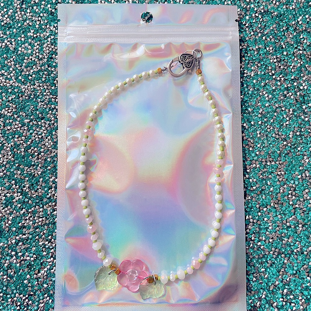 Beaded pearl flower fairy garden necklace
